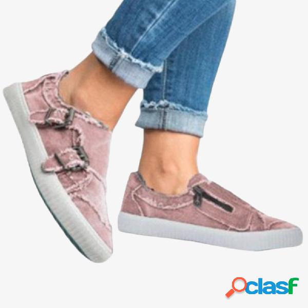 Mulheres fivela de metal com zíper wearable lona plana