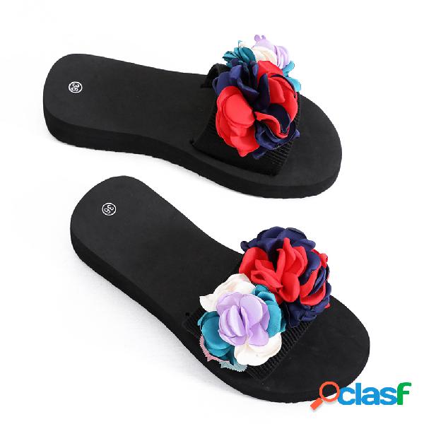 Mulheres flores decoração Soft chinelos planas casuals