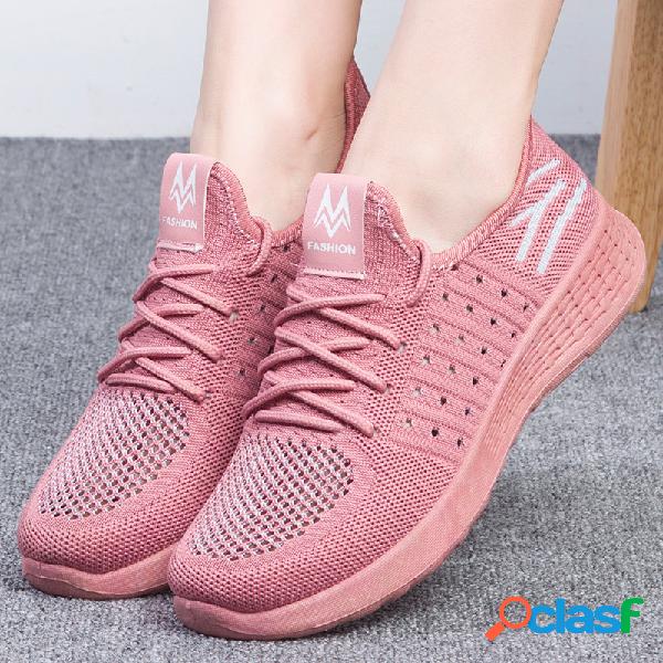Mulheres malha respirável conforto leve atam sapatos
