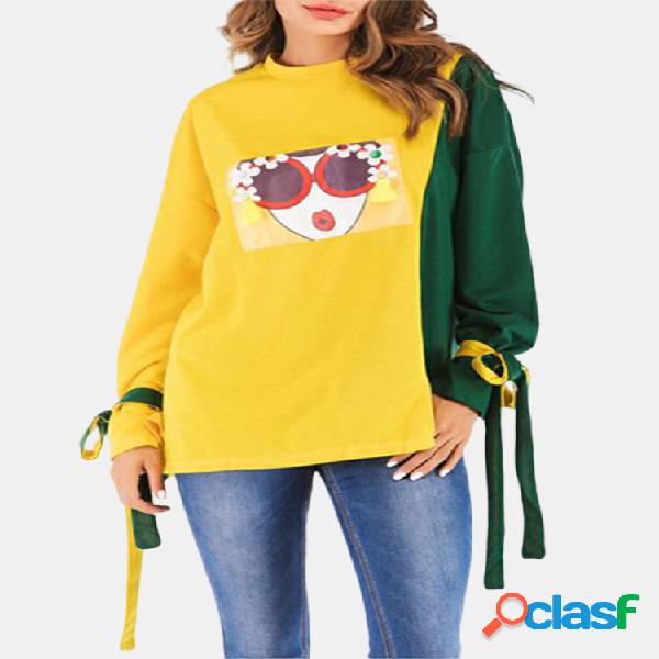 Patchwork Irregular Hem Imprimir Bow Sweatshirt