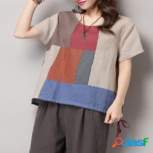Patchwork cor contraste gola blusas casuais