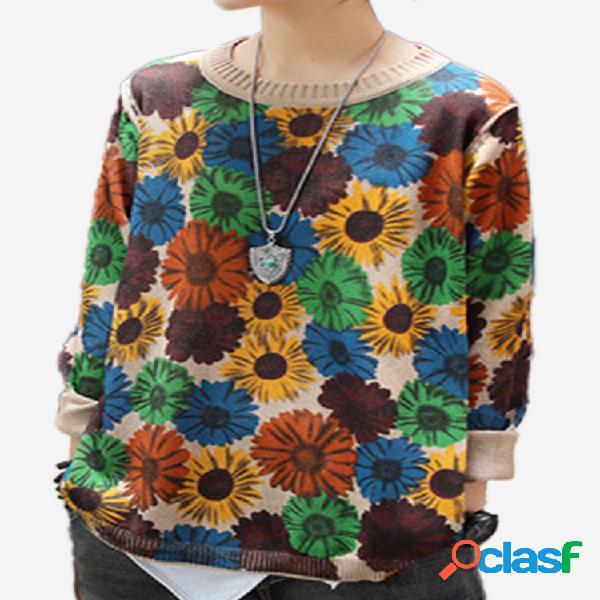 Patchwork floral manga comprida camisola casual para