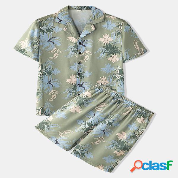 Pijama Flroal Print Set Manga curta Gola de lapela Fino