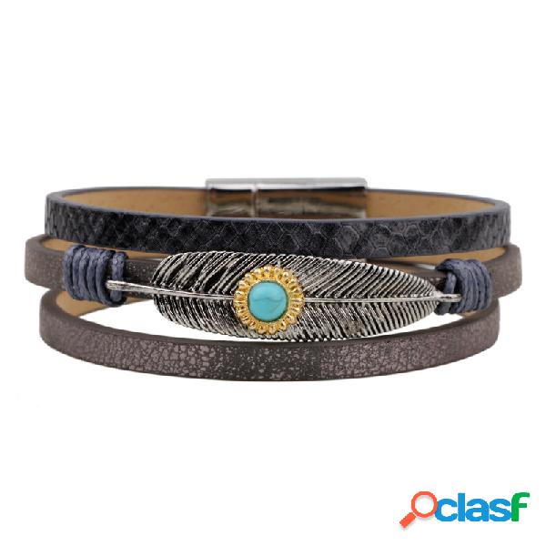 Pulseira de couro do vintage pulseira Turquesa onda de penas