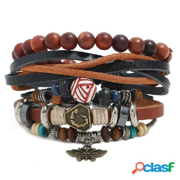 Pulseira de três camadas de couro tecida artesanal de punk