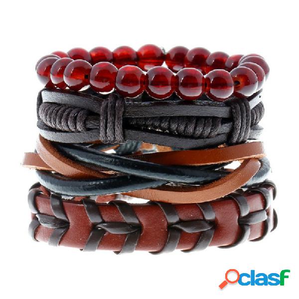 Punk 4 PCS Pulseira de Couro Multilayer Trança Bead