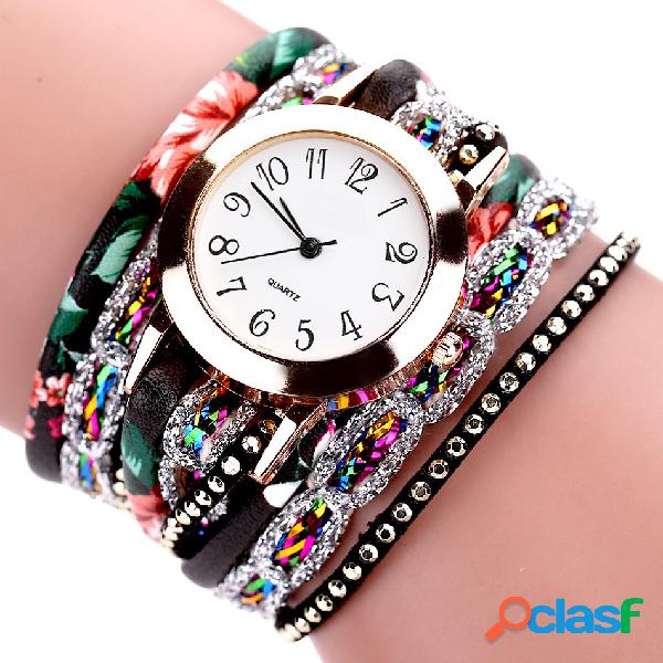 Relógios de mulheres flor couro strass pulseiras de