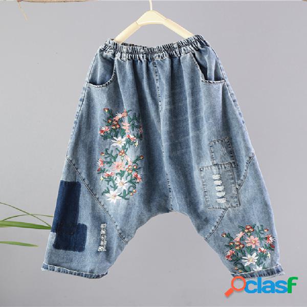 Retalhos Floral Bordado Vintage Jeans