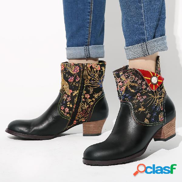 Retro Folkways Flower Padrão Costura Couro Genuíno Botas