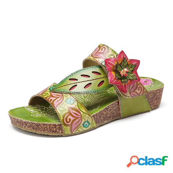 SOCOFY Bohemia Floral Slip-on Slides Gancho Sandálias rasas