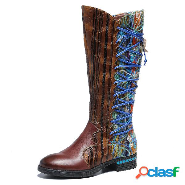 SOCOFY Casca Padrão Couro Genuíno Plana Soft Botas Mid