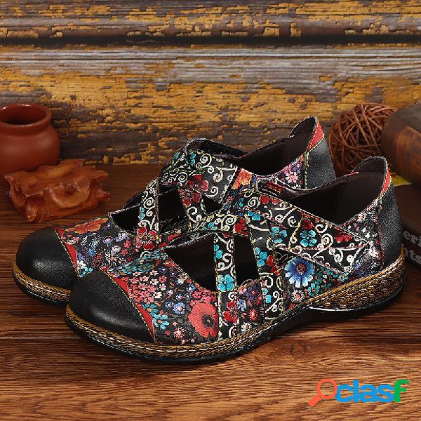 SOCOFY Floral Handmade Couro Sapatos de costura com tiras