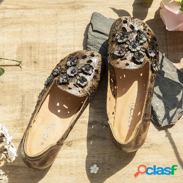 SOCOFY Retro Soft Couro Emenda Floral Oco Couro Genuíno