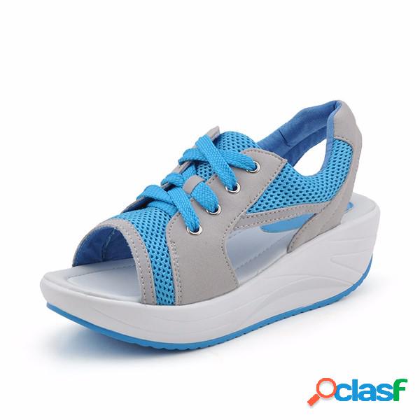 Sandália Casual Peep Toe Sola de Plataforma com Cadarço