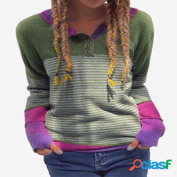 Stripe Button Camisola de cor de manga comprida para