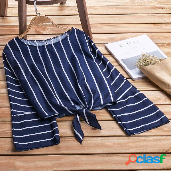 Stripe manga comprida O pescoço Casual Loose Shirts