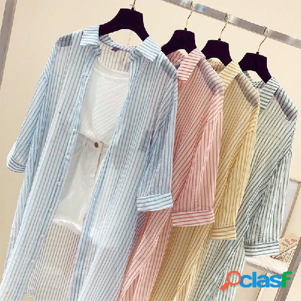 Stripe solta camisa de manga longa casual para as mulheres