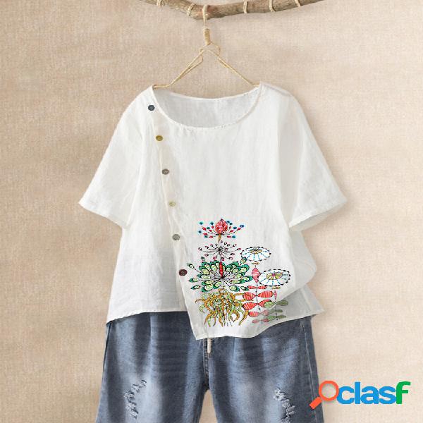 T-shirt assimétrico floral da bainha do botão impresso