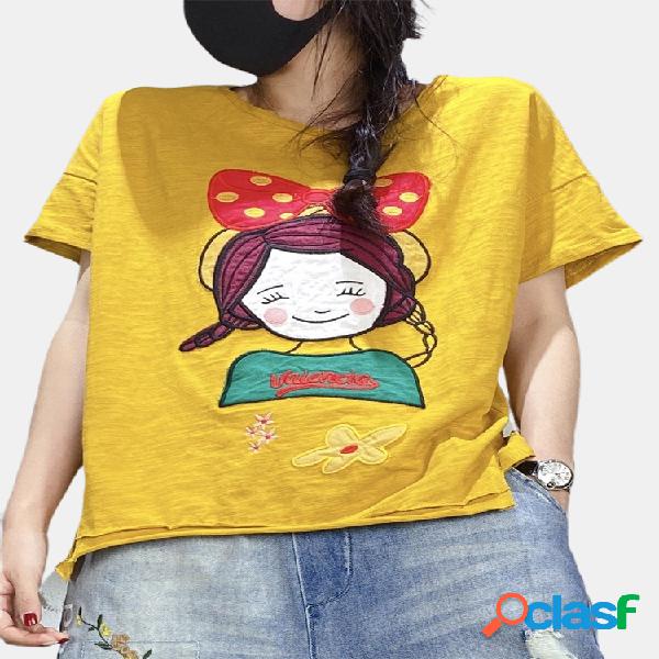 T-shirt bordado manga curta dos desenhos animados menina