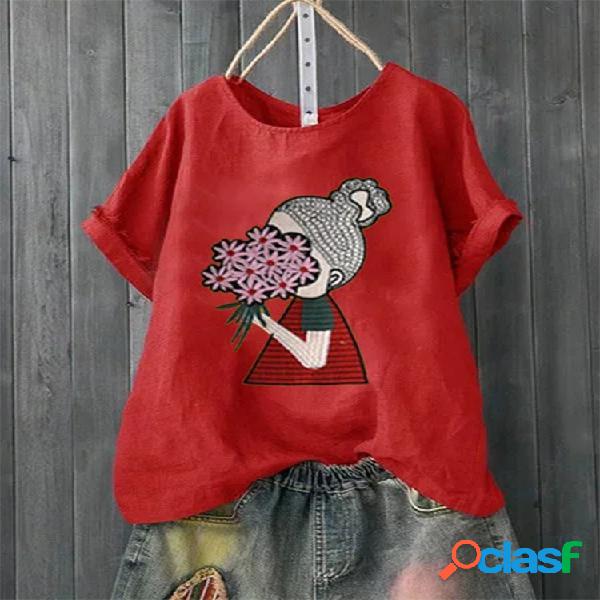 T-shirt curto com estampado floral dos desenhos animados da