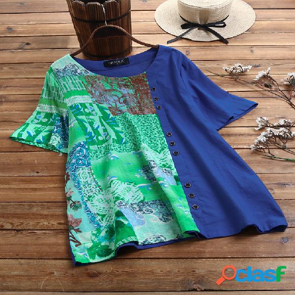 T-shirt estampado patchwork de manga curta com gola em O