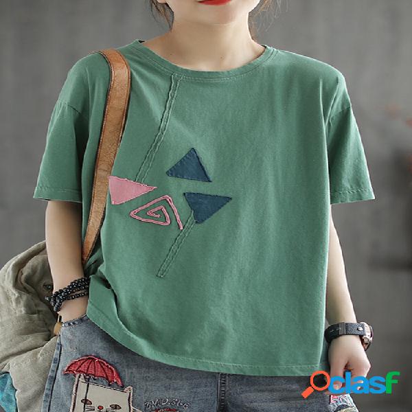 T-shirt geométrico de manga curta com decote em O para