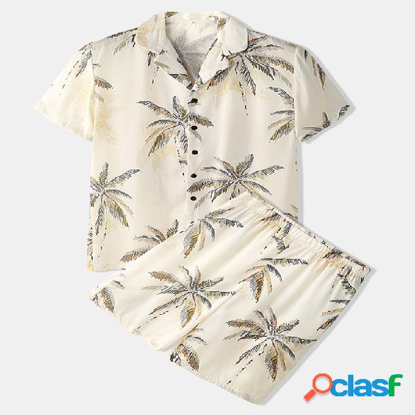 Tropical Tree Print Loungewear Lapeal Collar Manga curta