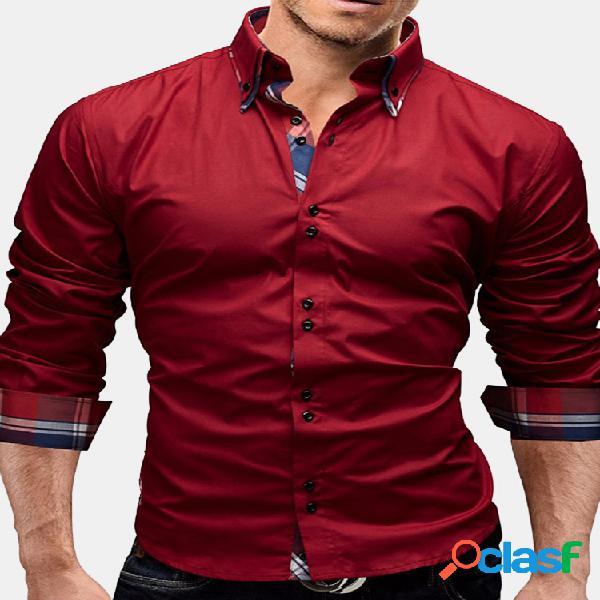 Turn Down Collar Slim Fit manga comprida botão de cor