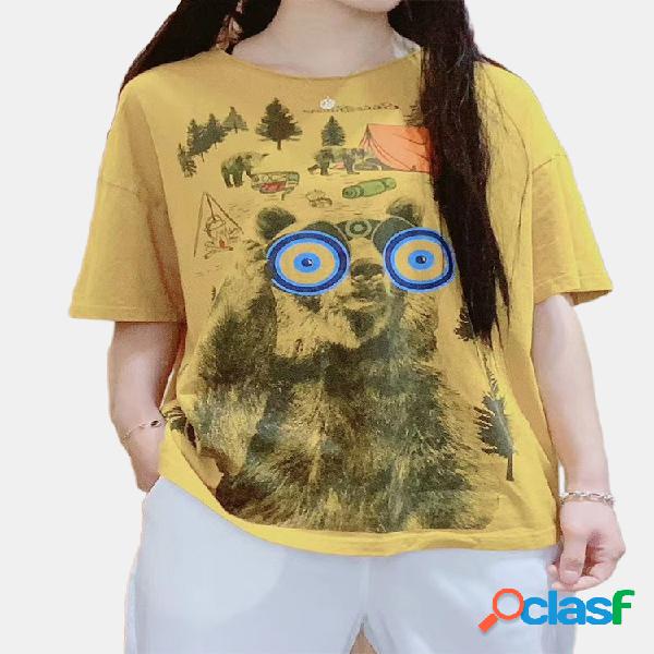 Urso dos desenhos animados de manga curta solta t-shirt