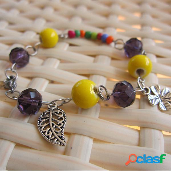 Vintage Encanto Pulseira Cerâmica Bead Folha Plantas de