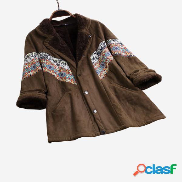 Vintage Patch Faux Suede Fleece Turn-down Collar Button