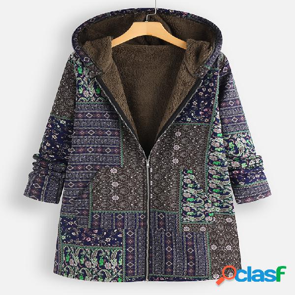 Vintage Print Fleece Hooded Plus Casaco de tamanho com