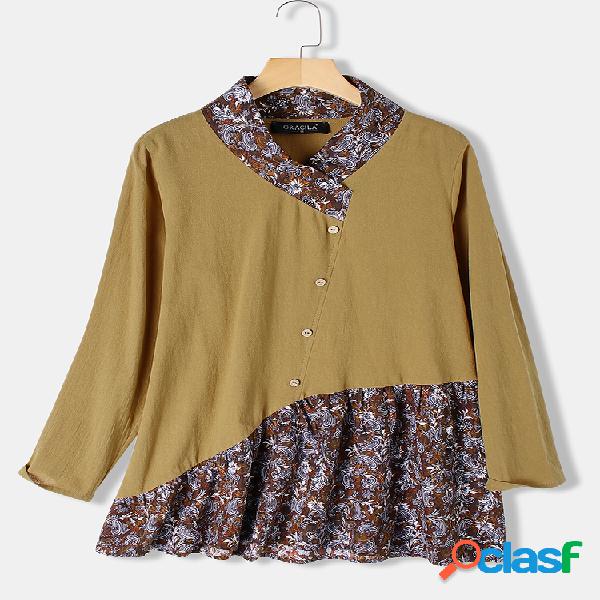 Vintage Print Patchwork Stand Collar Blusa de manga comprida