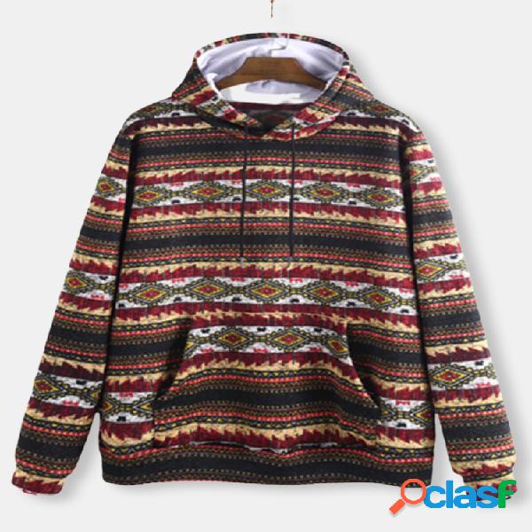 Vintage Print Pocket Plus Hoodie de tamanho para mulheres