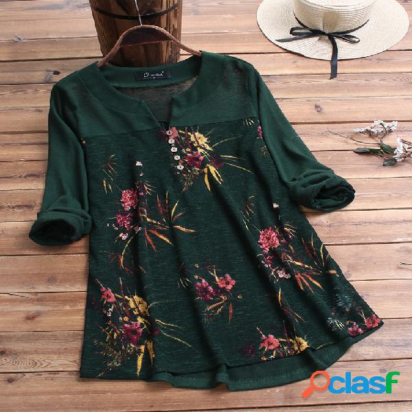 Vintage Print V-neck Plus Blusa de tamanho para mulheres