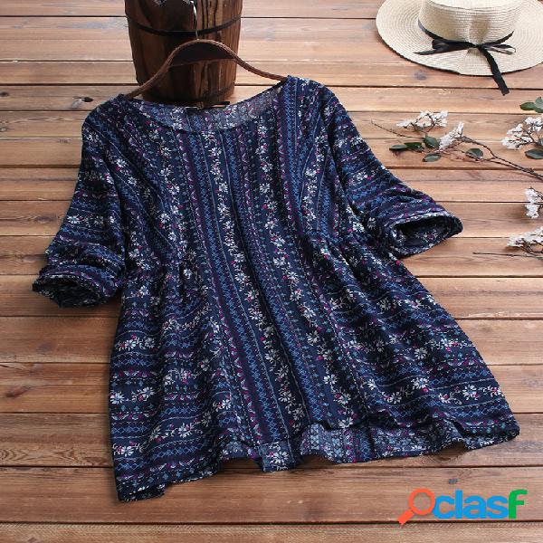Vintage Print manga comprida Plus Blusa tamanho