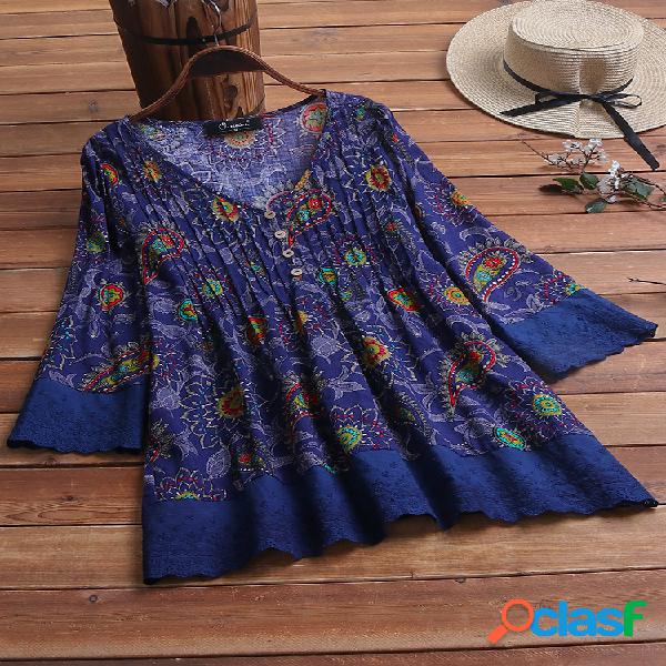 Vintage Print plissado Lace Patchwork decote em v Plus