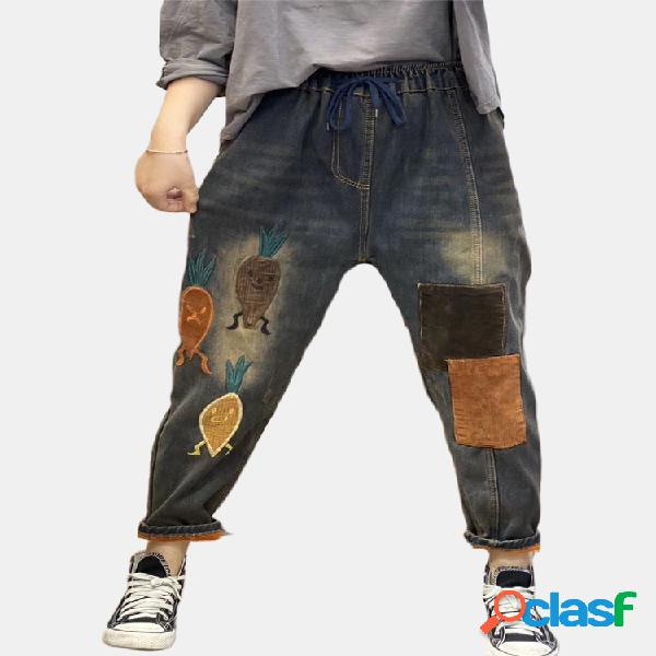 Vintage bordado cenoura cintura elástica Harem Denim