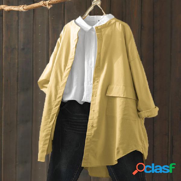 Vintge Stand Collar Bolsos Plus Tamanho Longo Camisa