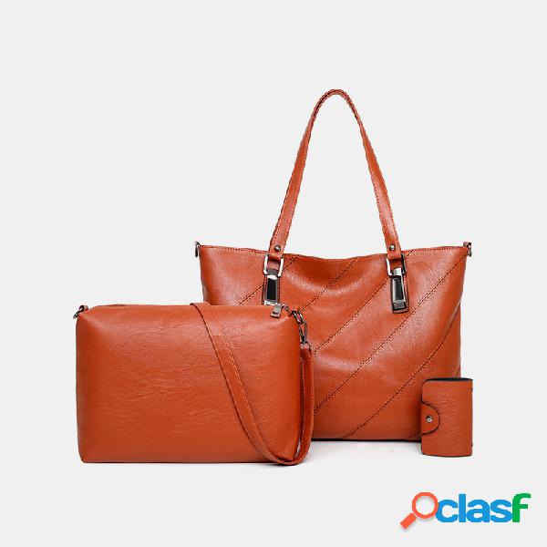 3 PCS Women PU Leather Tote Bag Leisure Crossbody Bag Solid