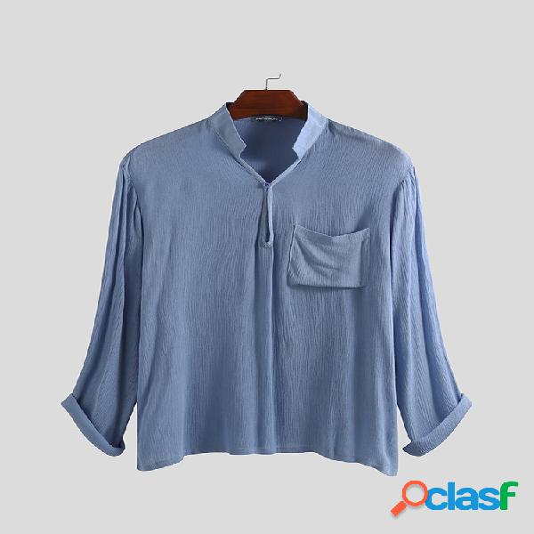 Algodão de linho para homens Casual Slim Fit Bolsos no