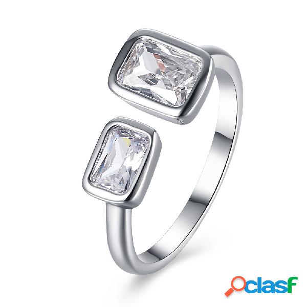 Anel de abertura simples Prata Platinum Rhinestone Square