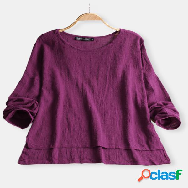 Blusa Casual de Cor Pura e Manga Longa Decote Baixo Para