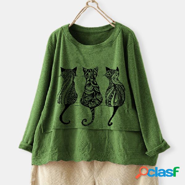 Blusa Crewneck Plus de tamanho de gato de desenho animado