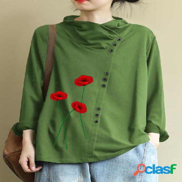Blusa casual de botão de impressão de flores Plus