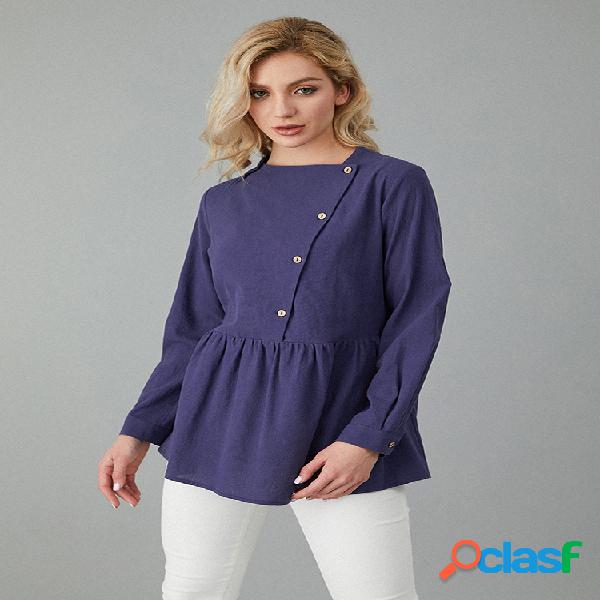 Blusa casual de cor sólida de manga comprida para mulheres