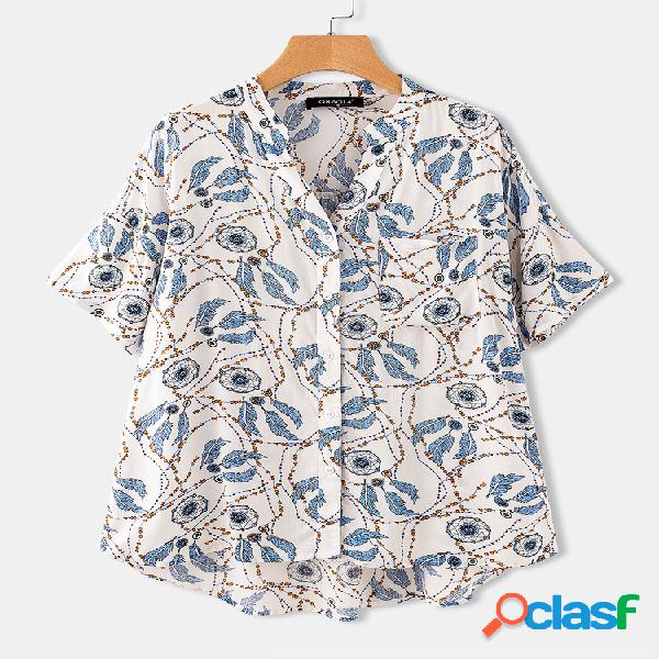 Blusa com mangas curtas e decote em V impresso