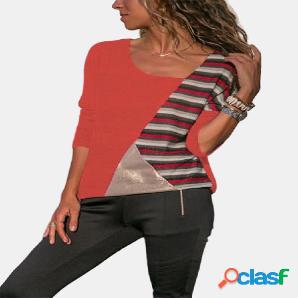 Blusa de decote em v moda cor bloco patchwork com decote em
