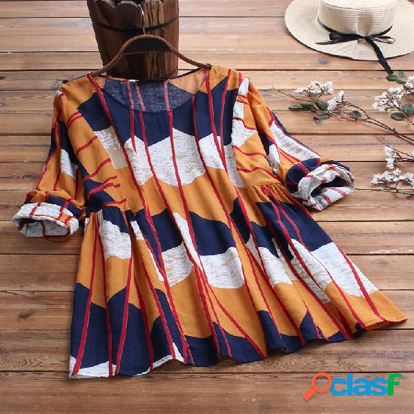 Blusa de manga comprida listrada com estampa casual Plus