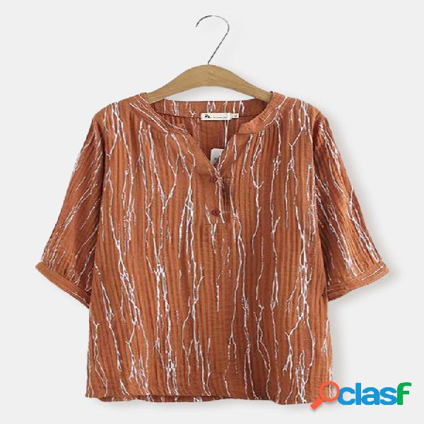 Blusa de manga curta com decote em v de linho estampado Plus